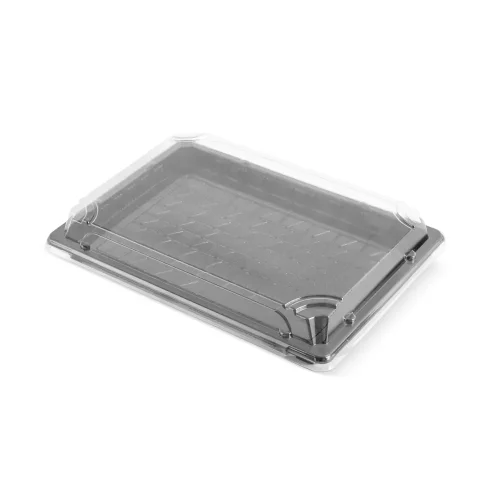 Caserolă neagră plastic cu capac transparent, vedere laterală