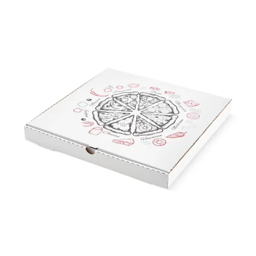 Cutie pizza carton alb 32 cm – design mixt, vedere oblică