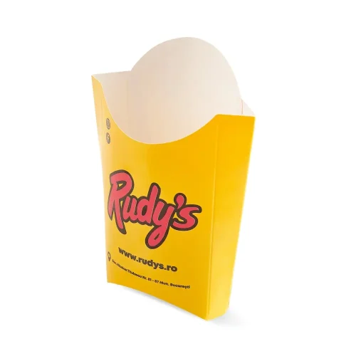 cutii pentru cartofi prajiti personalizate Rudy’s galbene horeca