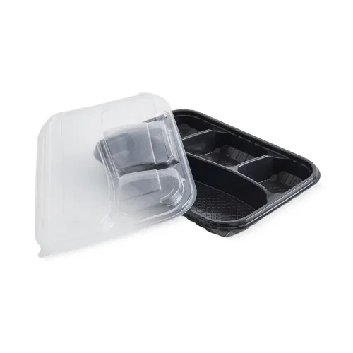 Caserolă cu 4 compartimente și capac transparent deschis